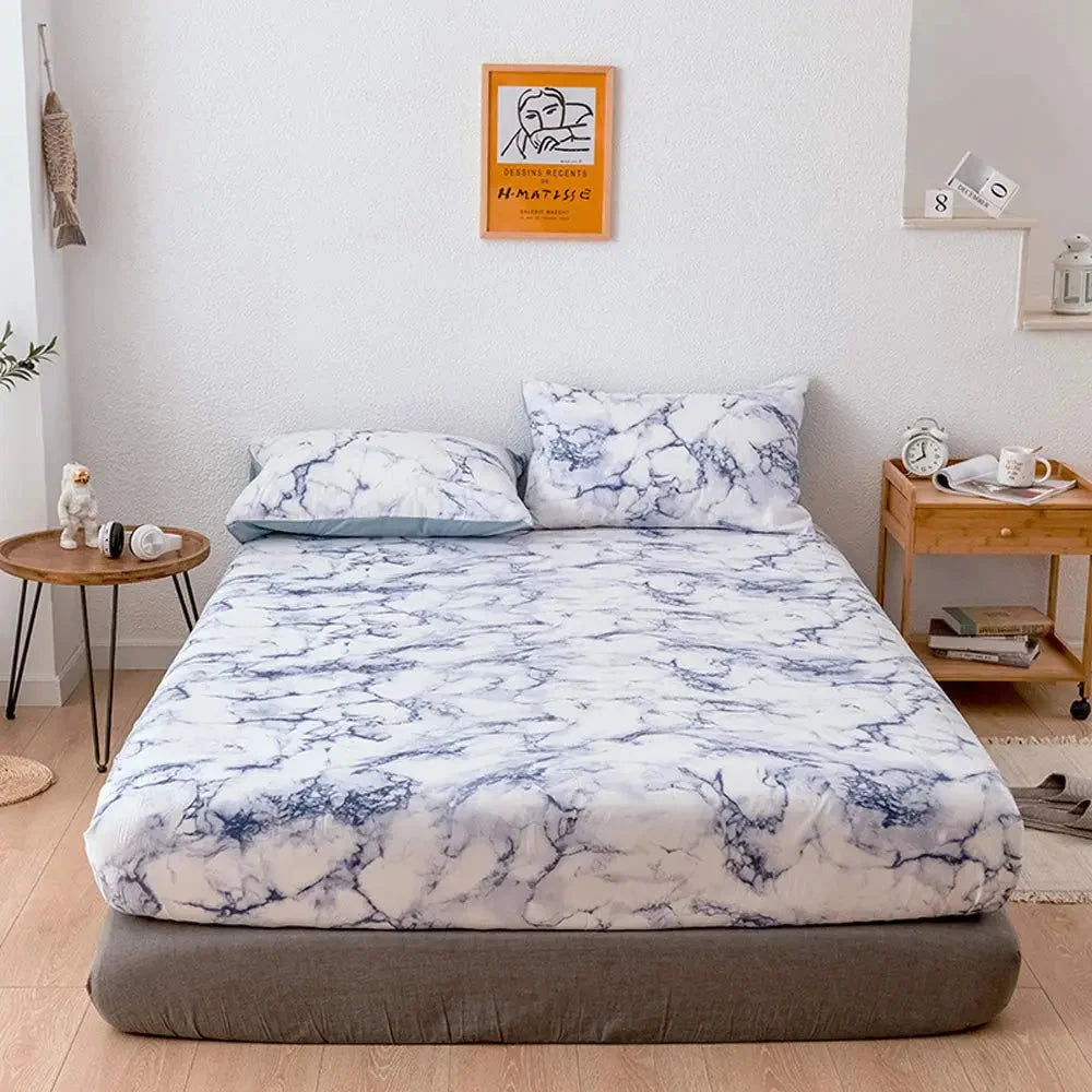 Fitted Sheet Marble Print Breathable Microfiber Deep Fit Elastic