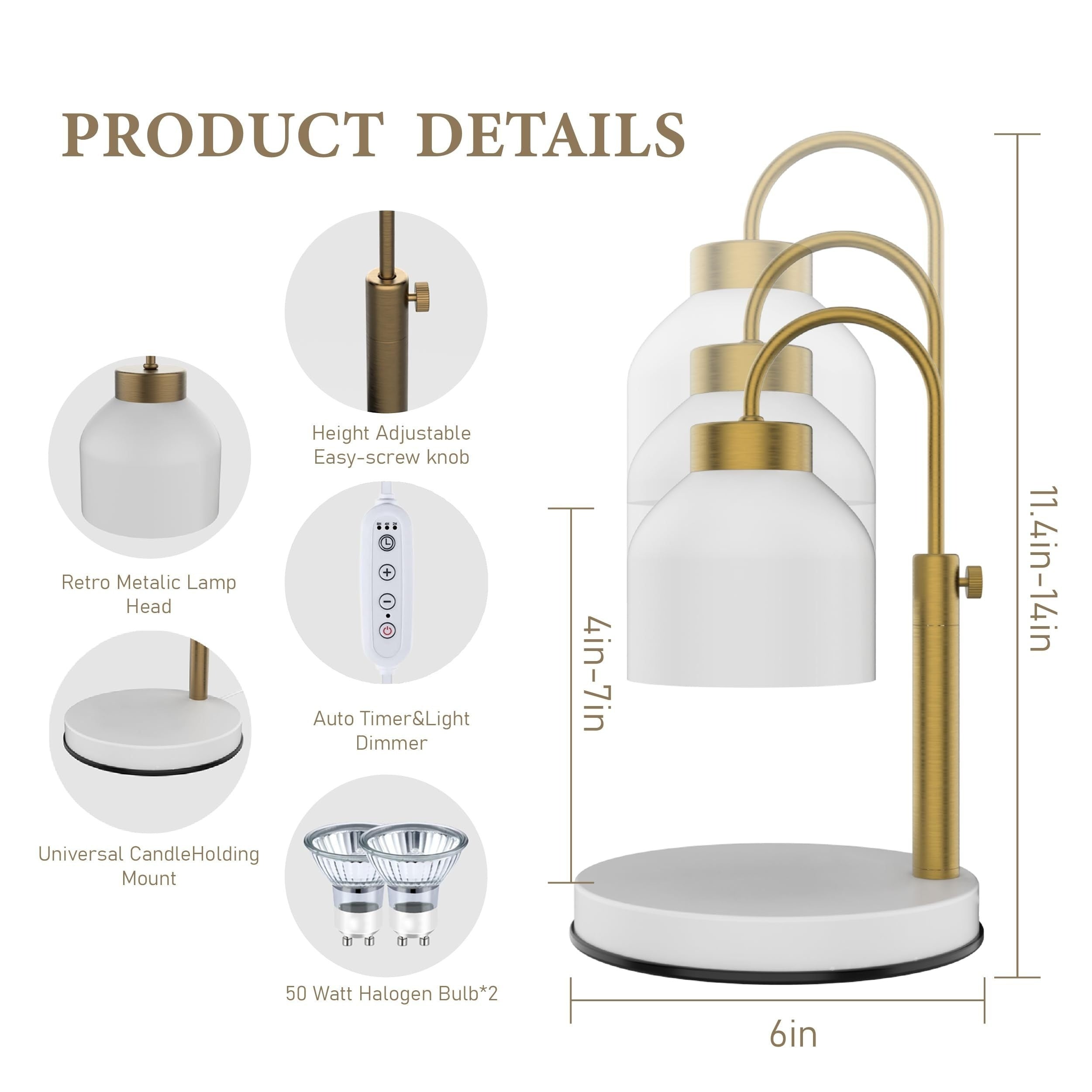 Flameless Adjustable Height Dimmable Candle Warmer Lamp