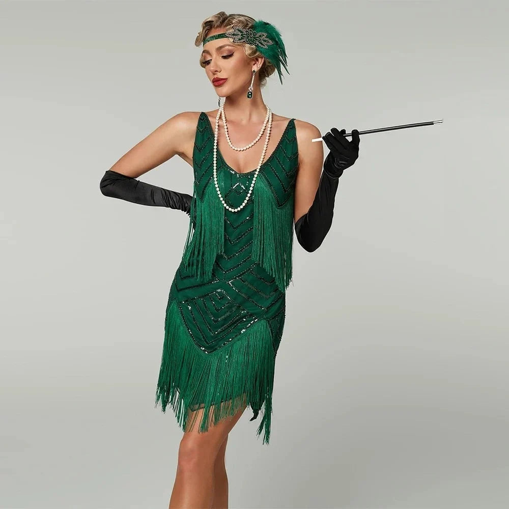 Flapper Dress 1920s Sequin & Fringe V-Neck