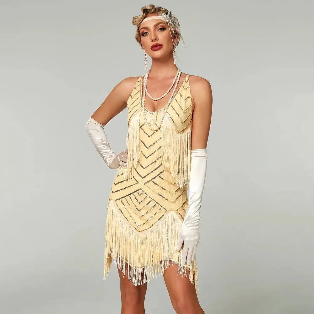 Flapper Dress 1920s Sequin & Fringe V-Neck