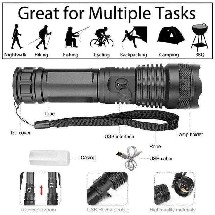 Flashlight USB-Rechargeable Zoomable 90,000 Lumens