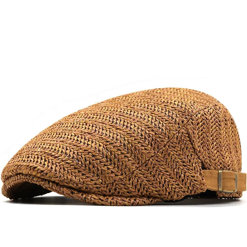 Flat Cap Woven Straw Breathable Adjustable Back Strap