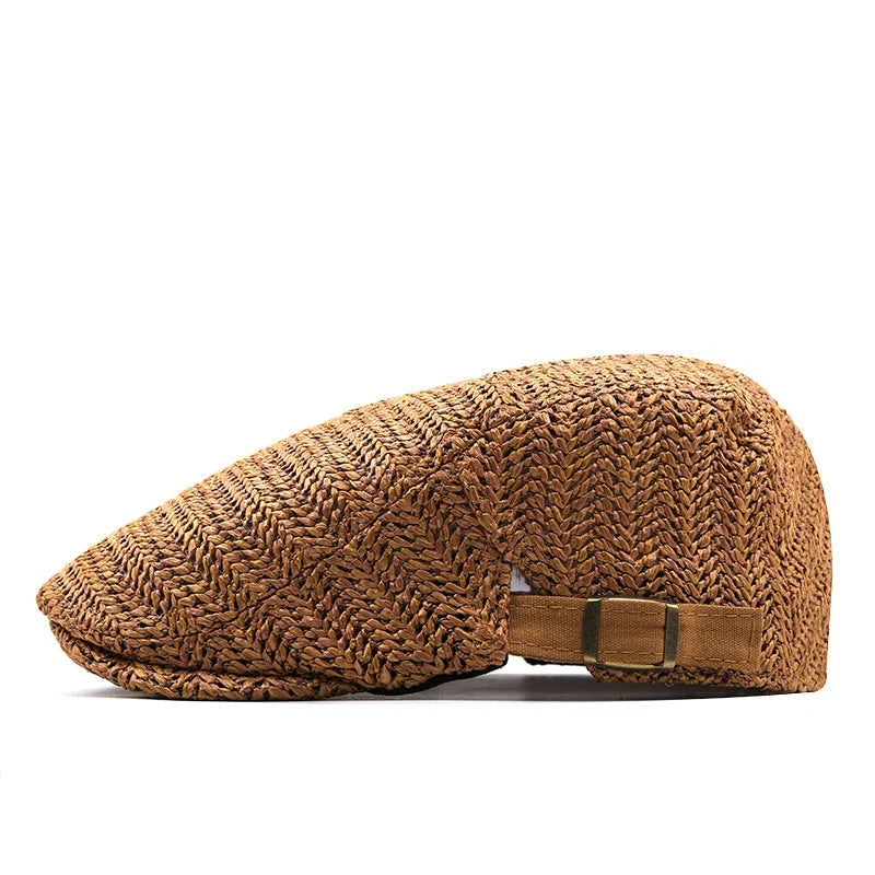 Flat Cap Woven Straw Breathable Adjustable Back Strap