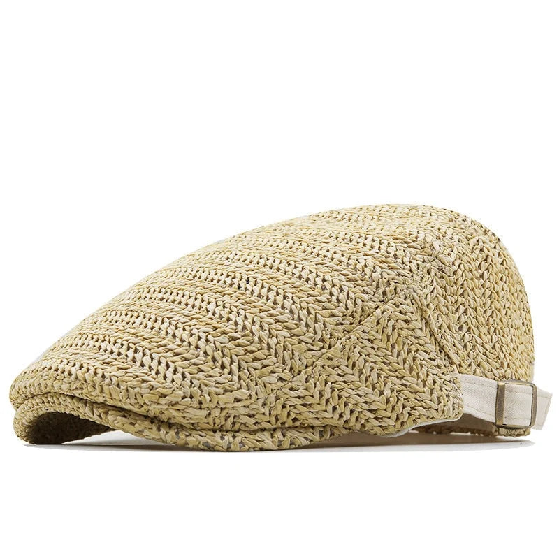 Flat Cap Woven Straw Breathable Adjustable Back Strap