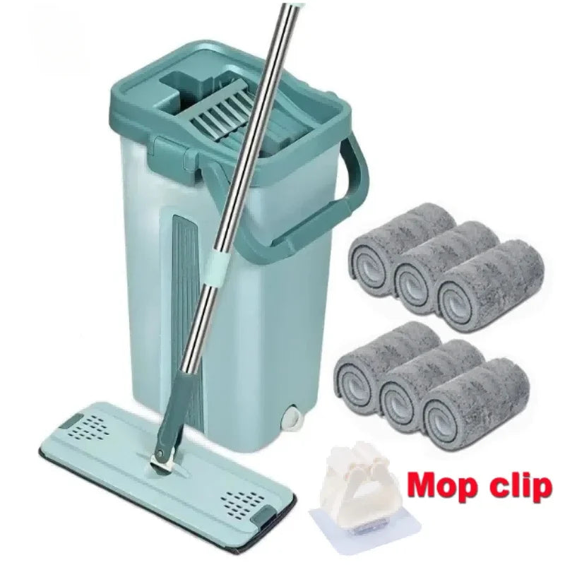 Flat Mop With Bucket Hands-Free Wringing Microfiber Pads