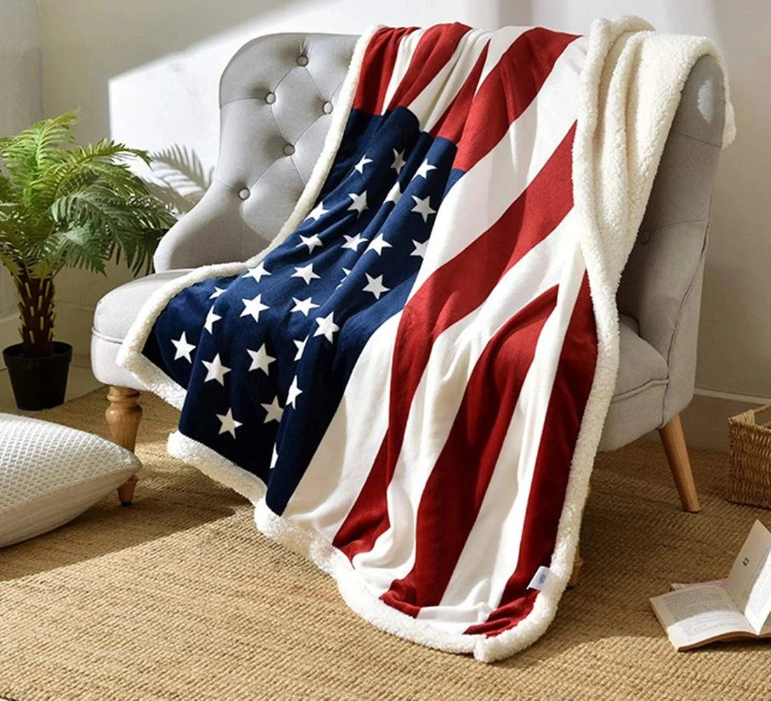 Fleece Throw Blanket American Flag Microfiber & Faux Lambswool