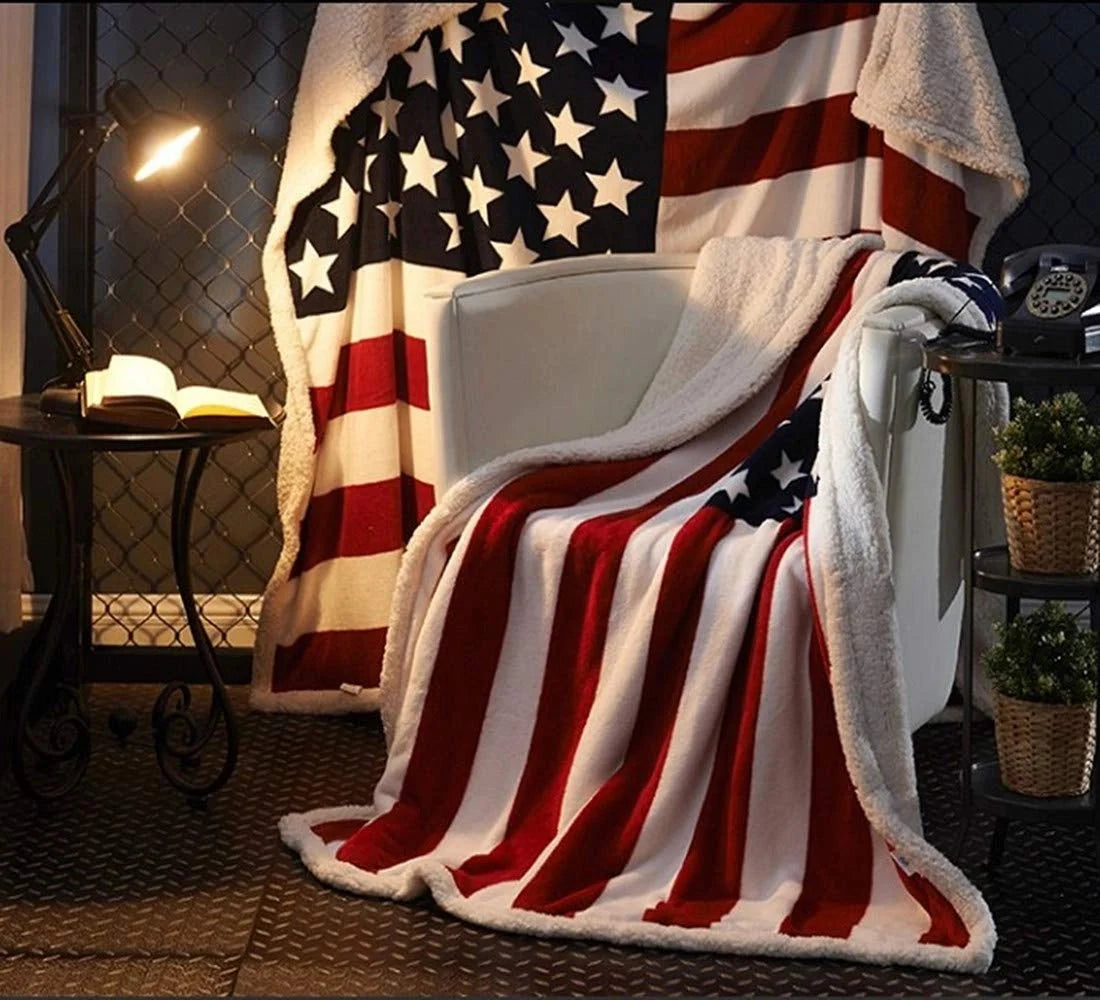 Fleece Throw Blanket American Flag Microfiber & Faux Lambswool