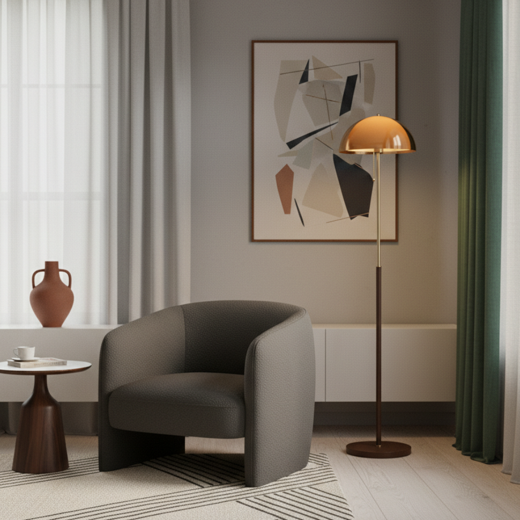 Floor Lamp Amber Dome Weighted Walnut Base