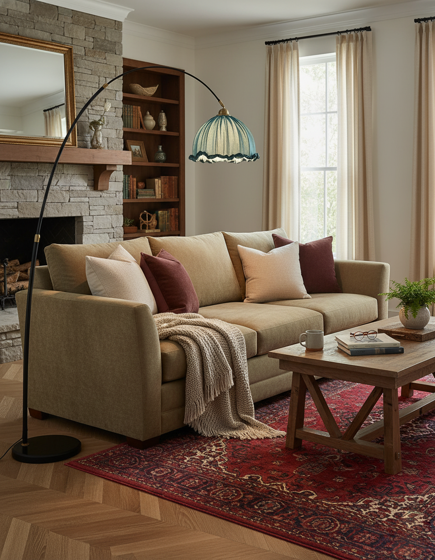 Floor Lamp Arc Fabric Shade Marble Base