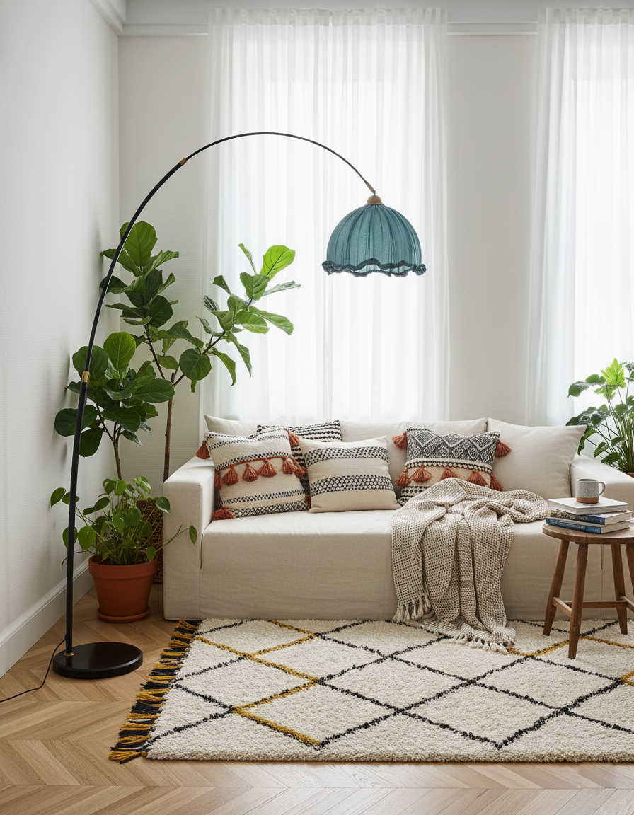 Floor Lamp Arc Fabric Shade Marble Base
