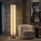Floor Lamp Walnut Wood & Fabric Shade Warm White LED