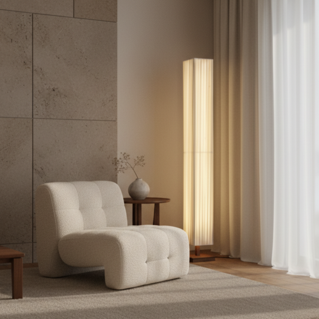 Floor Lamp Walnut Wood & Fabric Shade Warm White LED