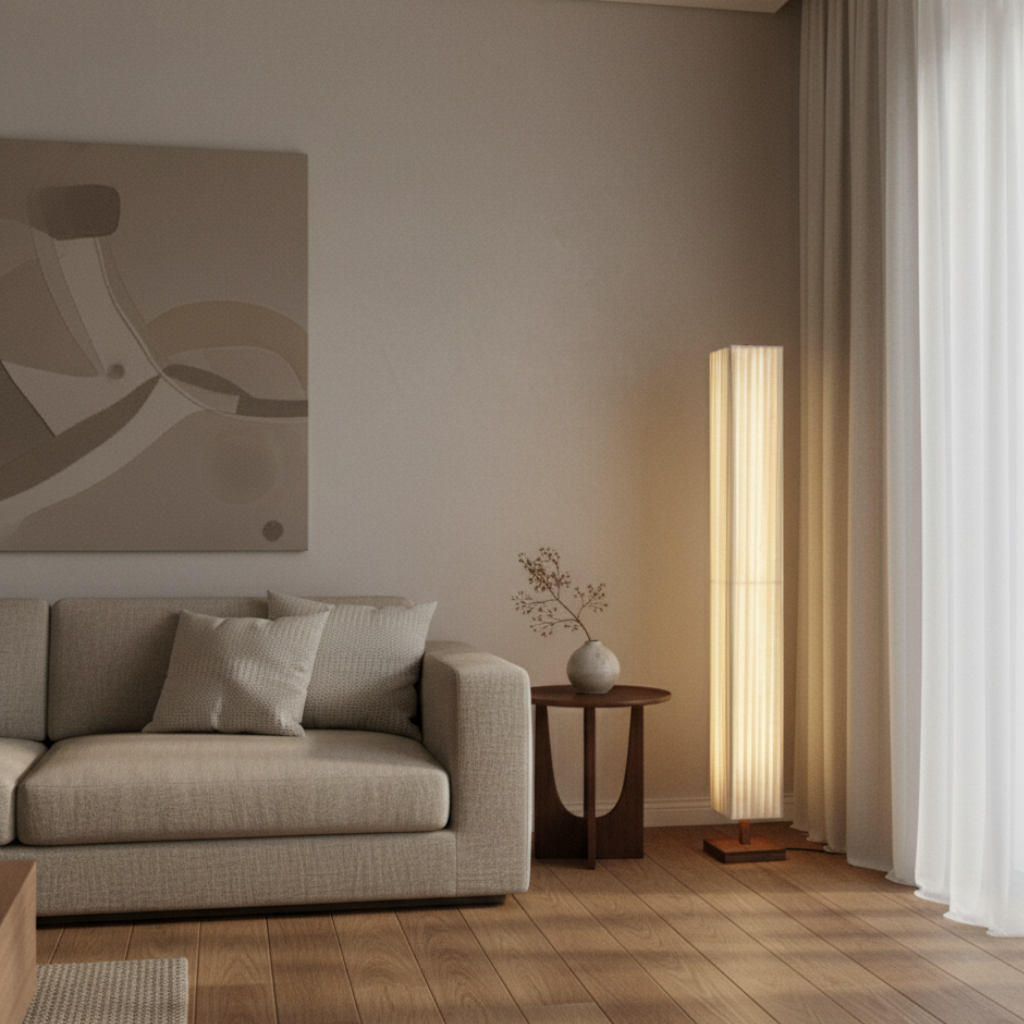 Floor Lamp Walnut Wood & Fabric Shade Warm White LED