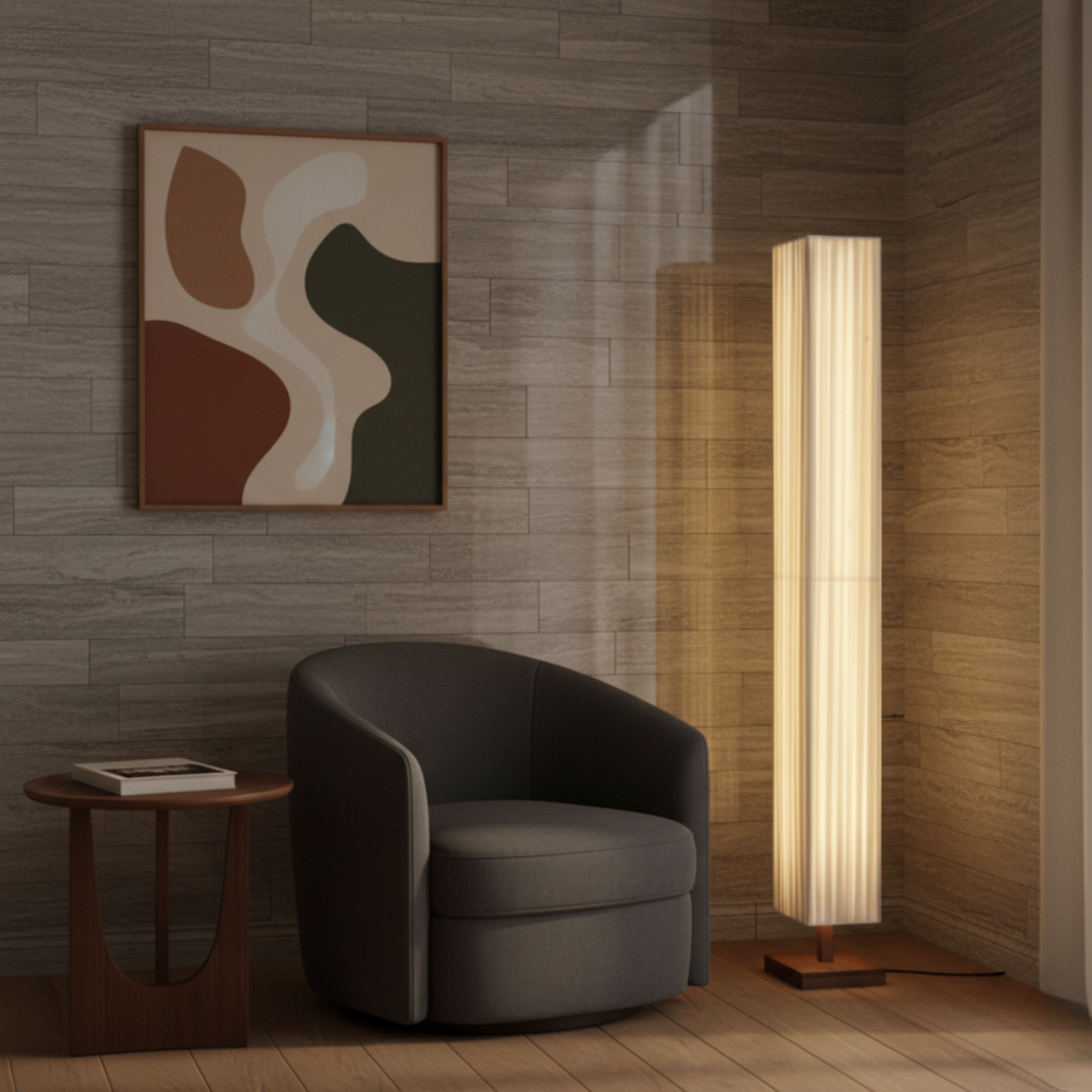 Floor Lamp Walnut Wood & Fabric Shade Warm White LED