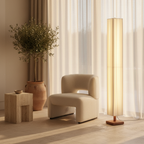 Floor Lamp Walnut Wood & Fabric Shade Warm White LED