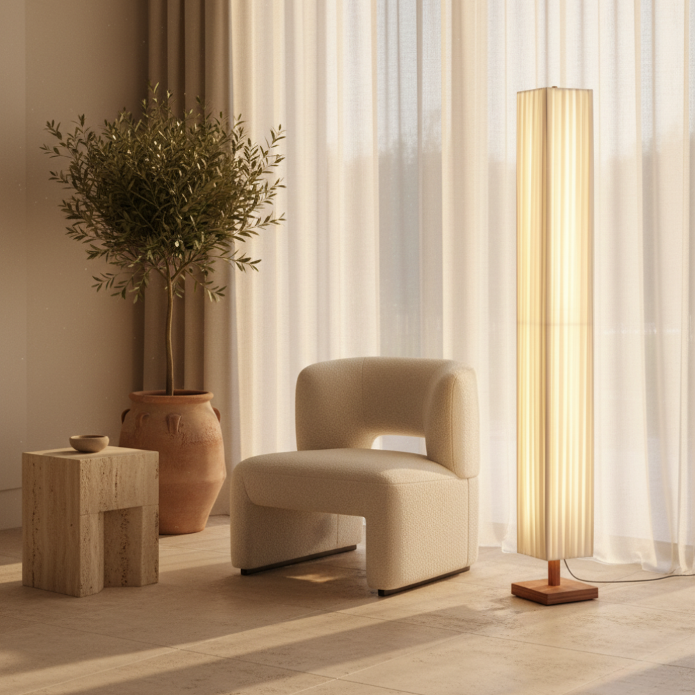 Floor Lamp Walnut Wood & Fabric Shade Warm White LED