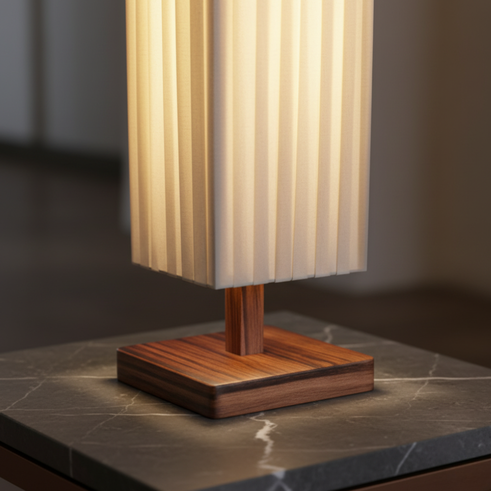 Floor Lamp Walnut Wood & Fabric Shade Warm White LED