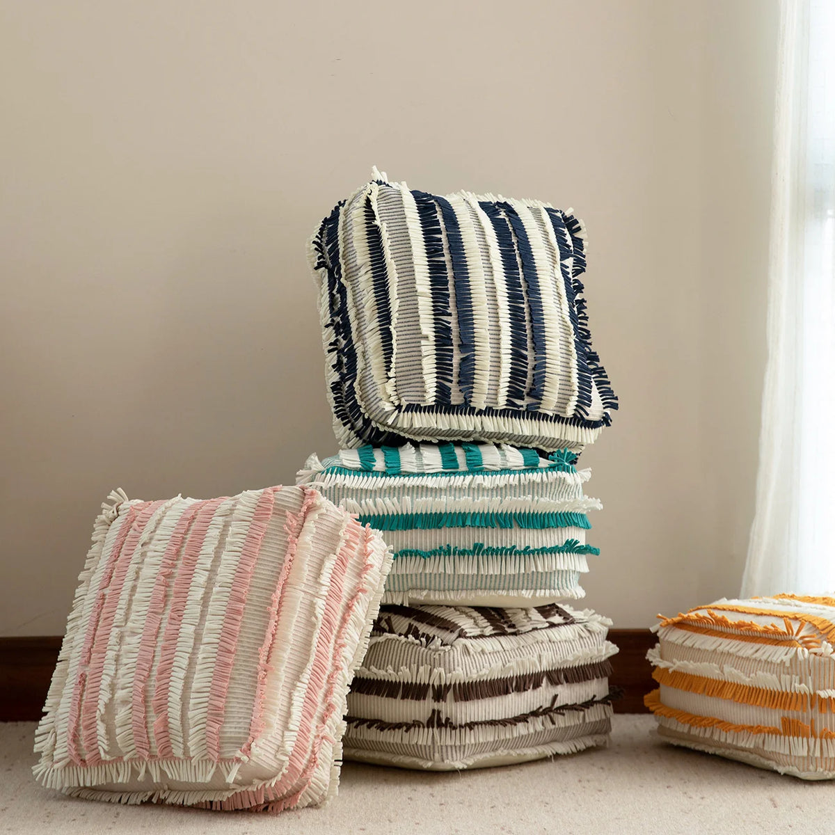 Floor Pouf Boho Fringed Cotton Cover Removable & Washable