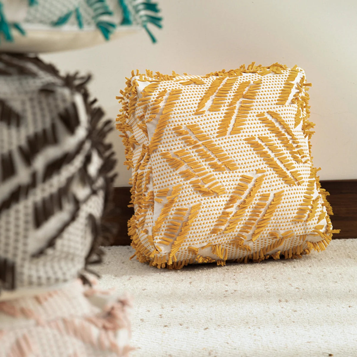 Floor Pouf Boho Fringed Cotton Cover Removable & Washable