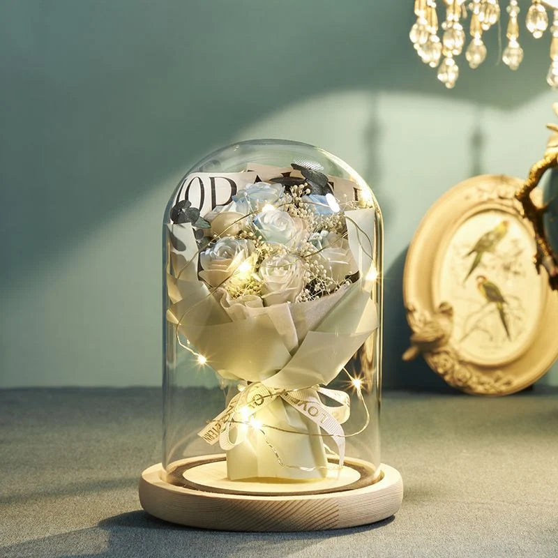 Floral Display Glass Dome LED Wooden Base