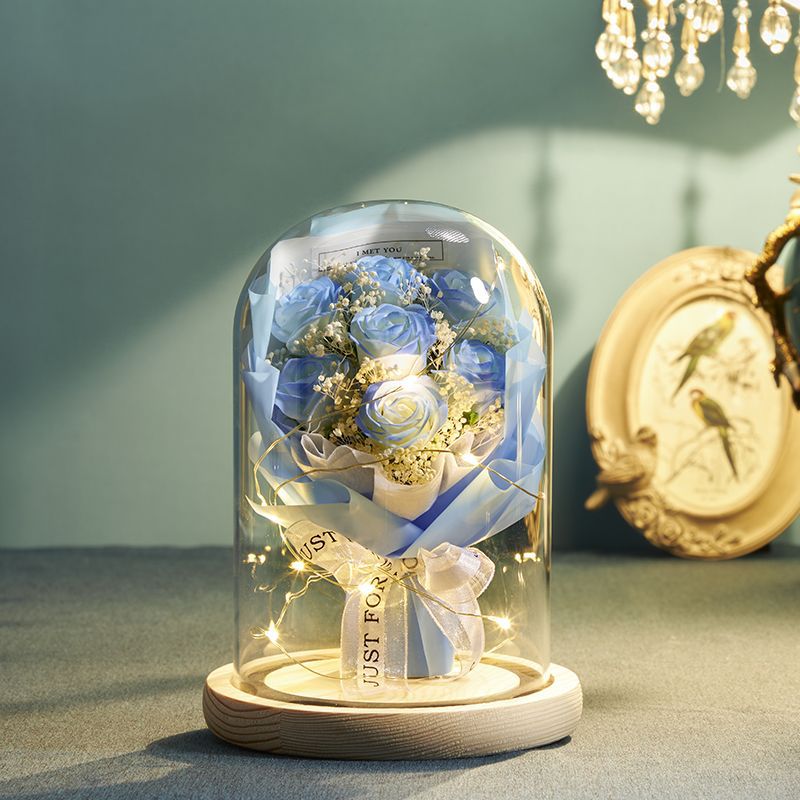 Floral Display Glass Dome LED Wooden Base