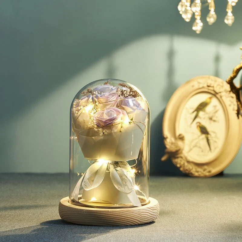Floral Display Glass Dome LED Wooden Base