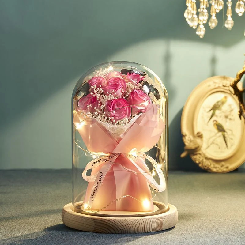Floral Display Glass Dome LED Wooden Base