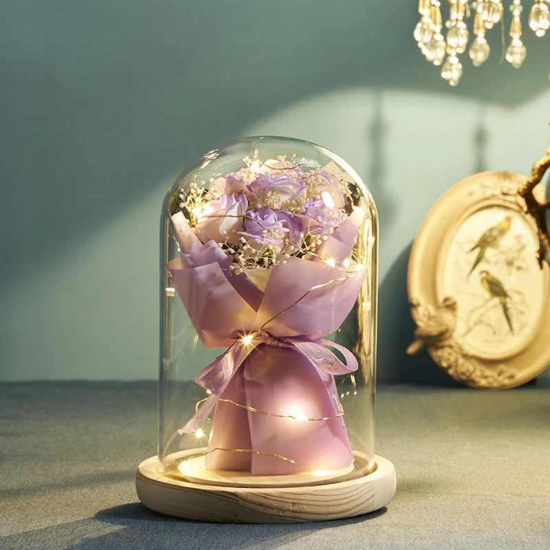 Floral Display Glass Dome LED Wooden Base