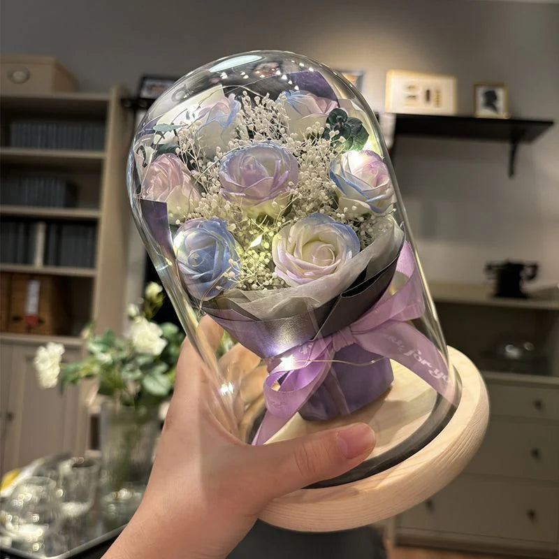 Floral Display Glass Dome LED Wooden Base