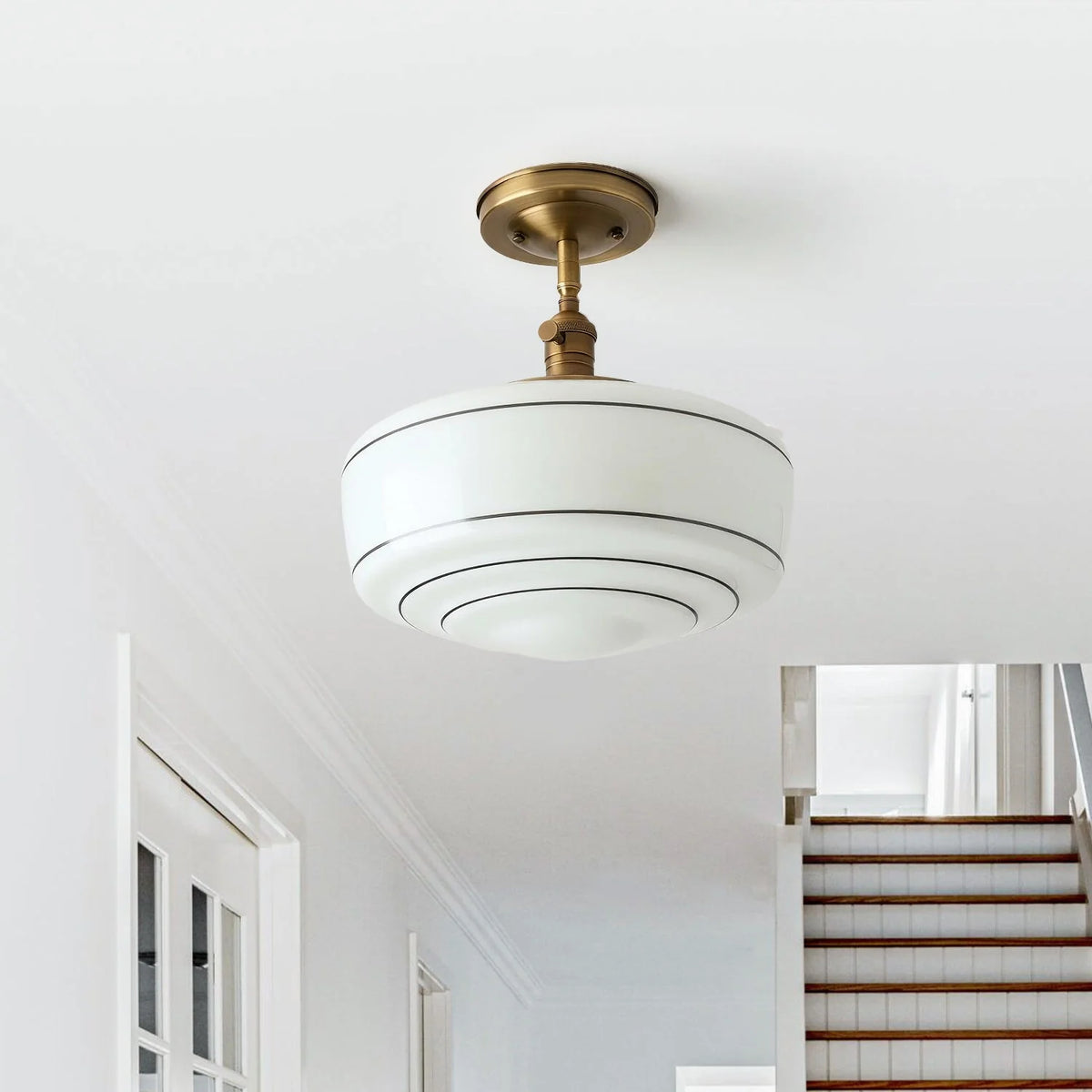 Flush Mount Ceiling Light Hand-Painted Striped Glass Antique Brass
