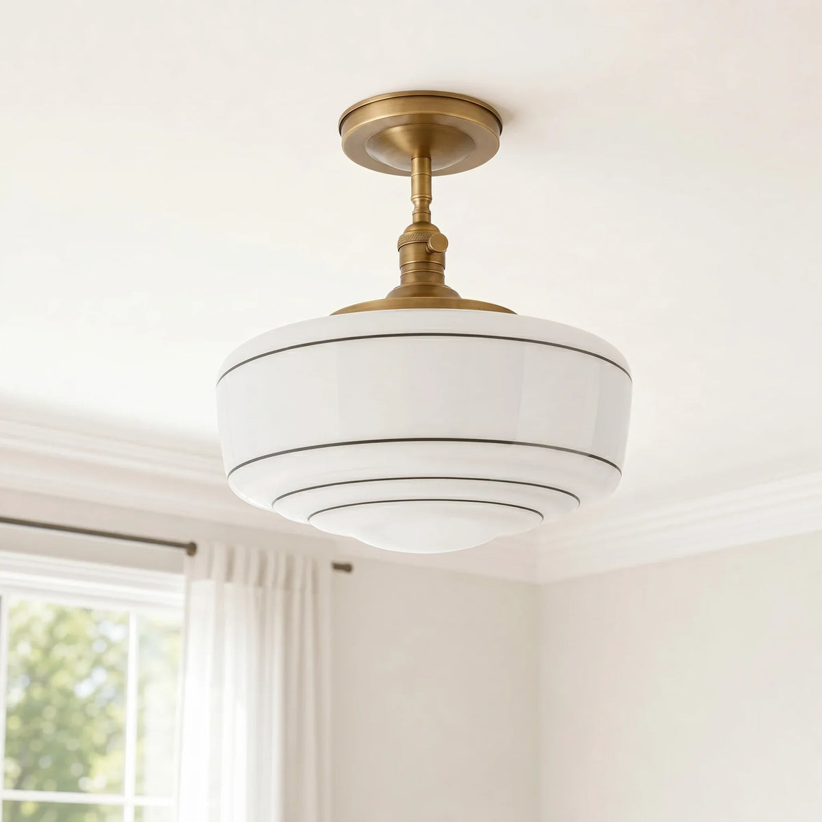 Flush Mount Ceiling Light Hand-Painted Striped Glass Antique Brass