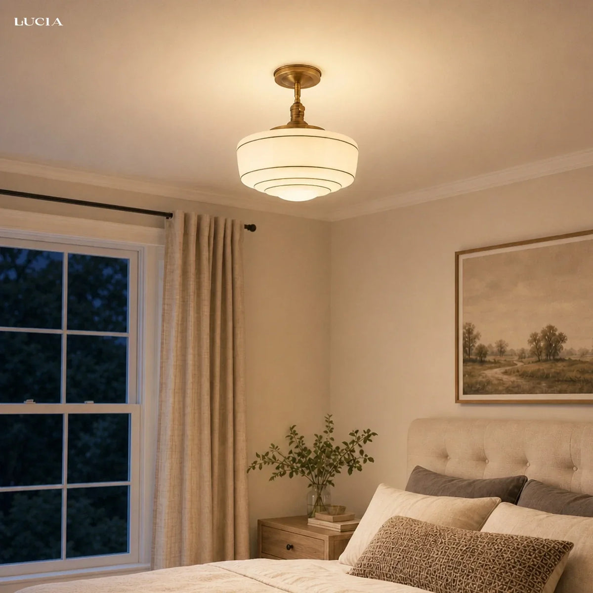 Flush Mount Ceiling Light Hand-Painted Striped Glass Antique Brass