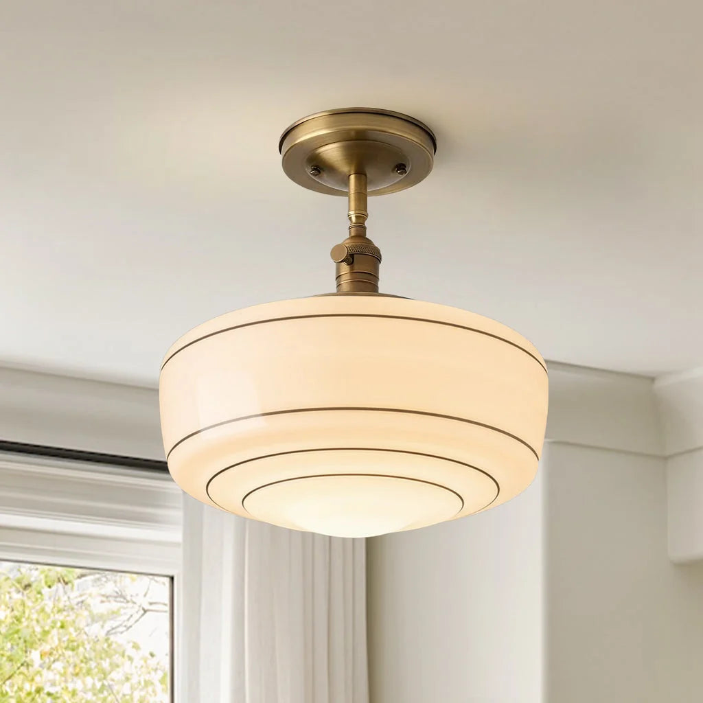 Flush Mount Ceiling Light Hand-Painted Striped Glass Antique Brass