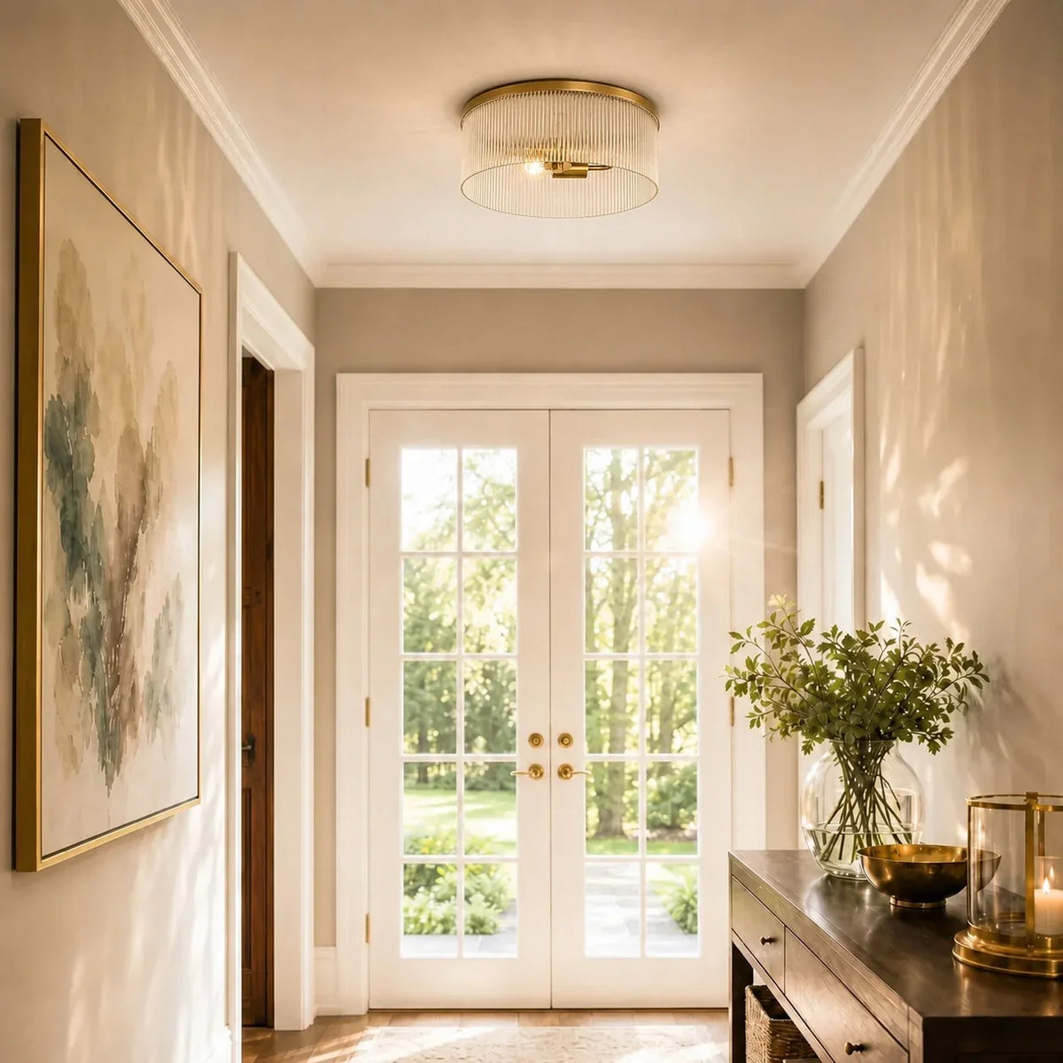 Flush Mount Ceiling Light Ribbed Glass Low Profile