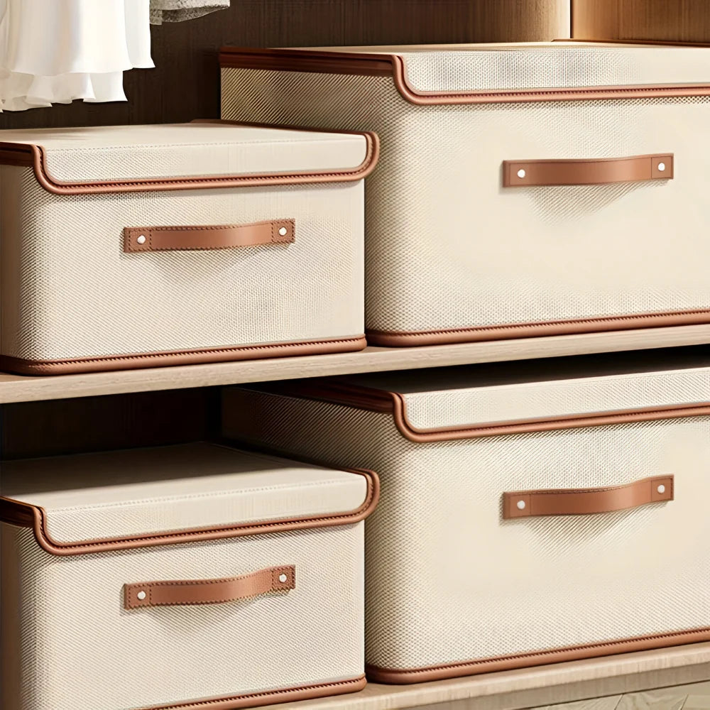 Foldable Storage Box Fitted Lid & Leather Handles