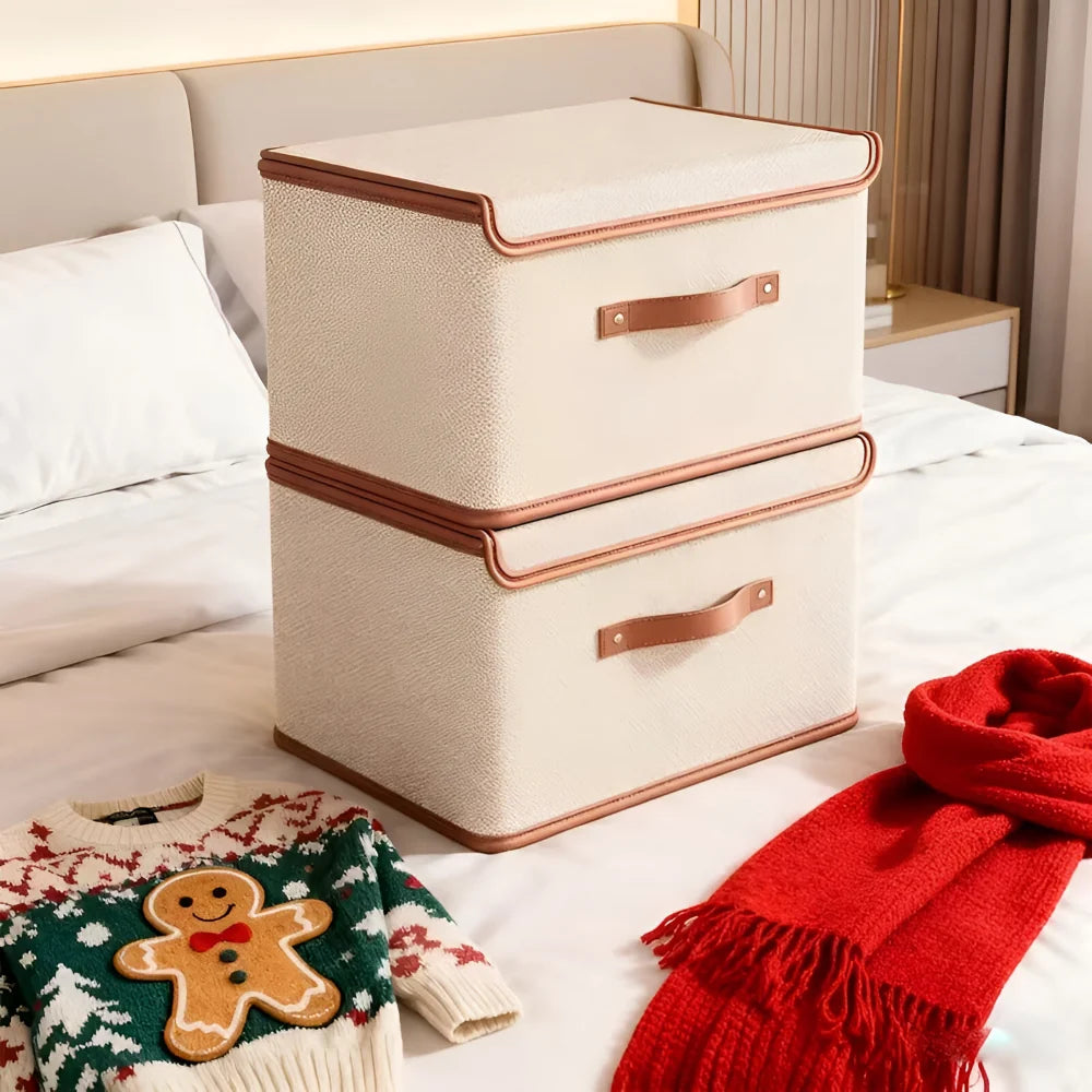 Foldable Storage Box Fitted Lid & Leather Handles