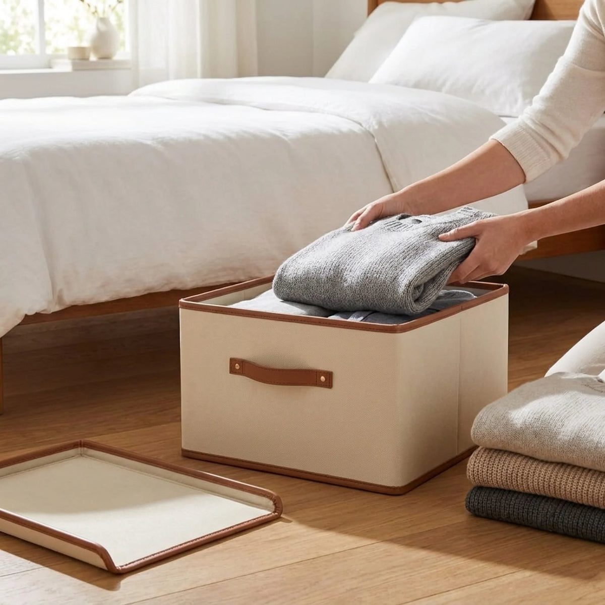 Foldable Storage Box Fitted Lid & Leather Handles