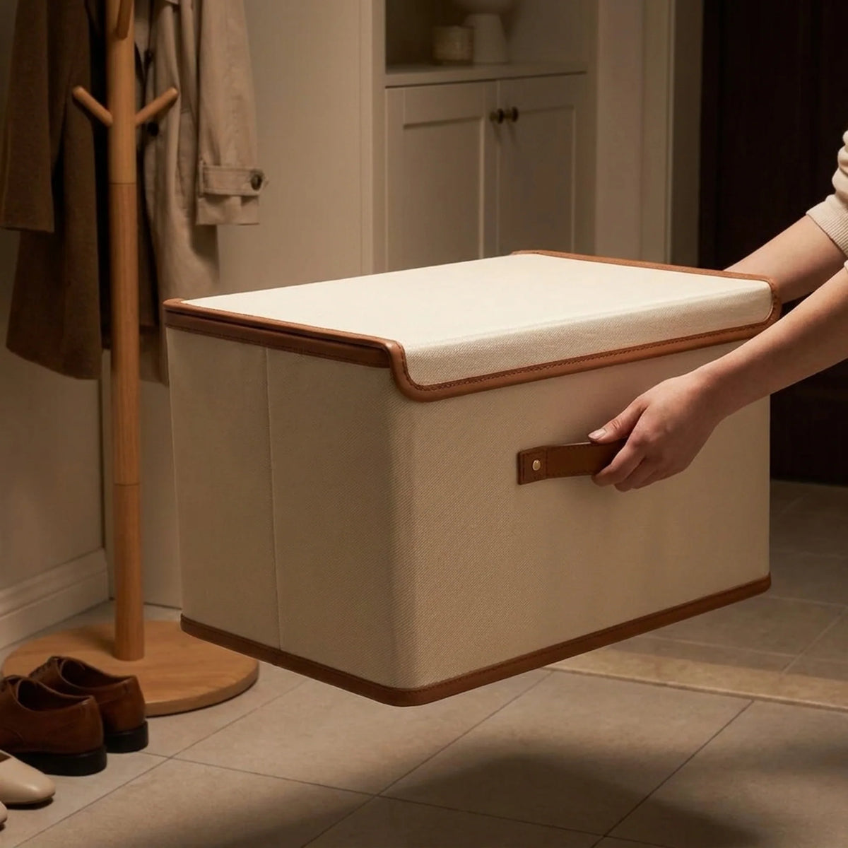 Foldable Storage Box Fitted Lid & Leather Handles