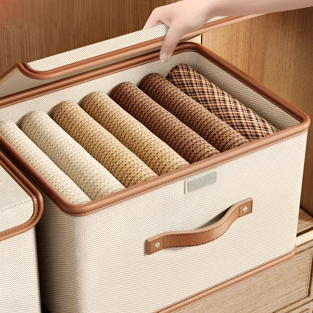 Foldable Storage Box Fitted Lid & Leather Handles