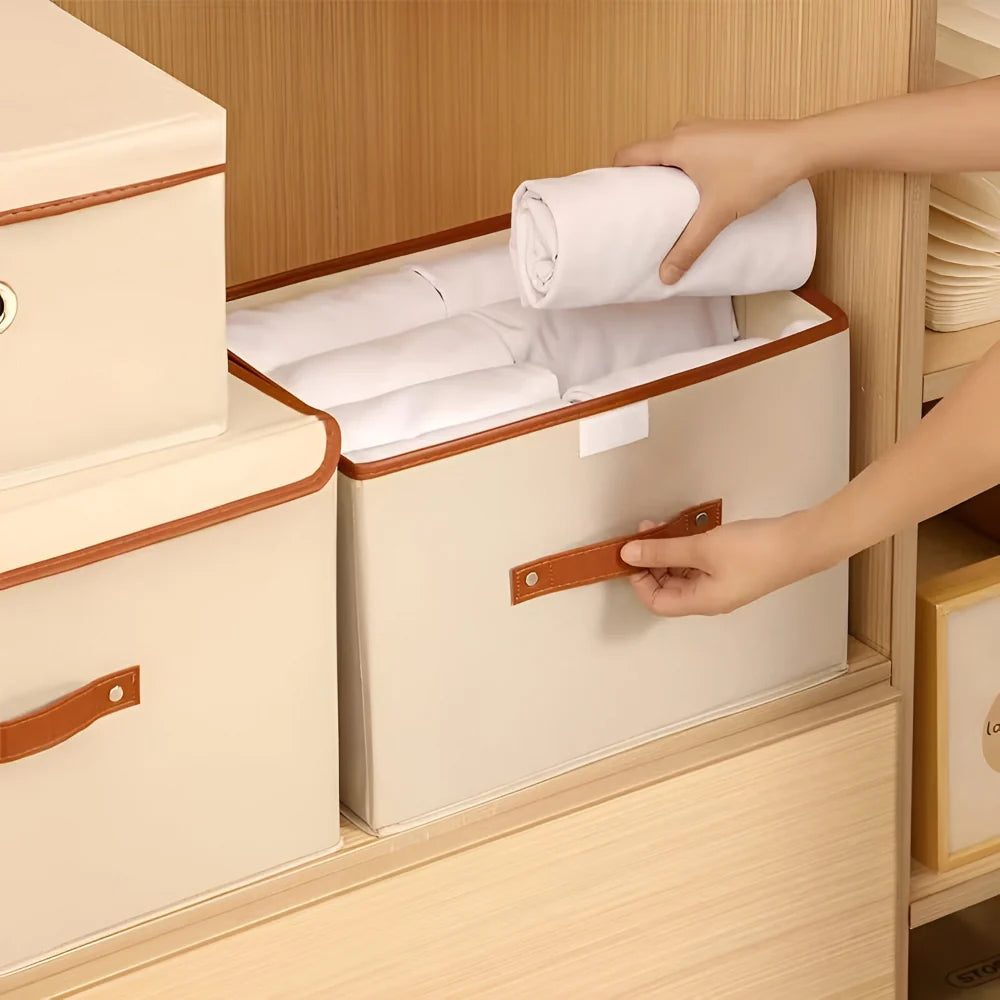 Foldable Storage Box Fitted Lid & Leather Handles