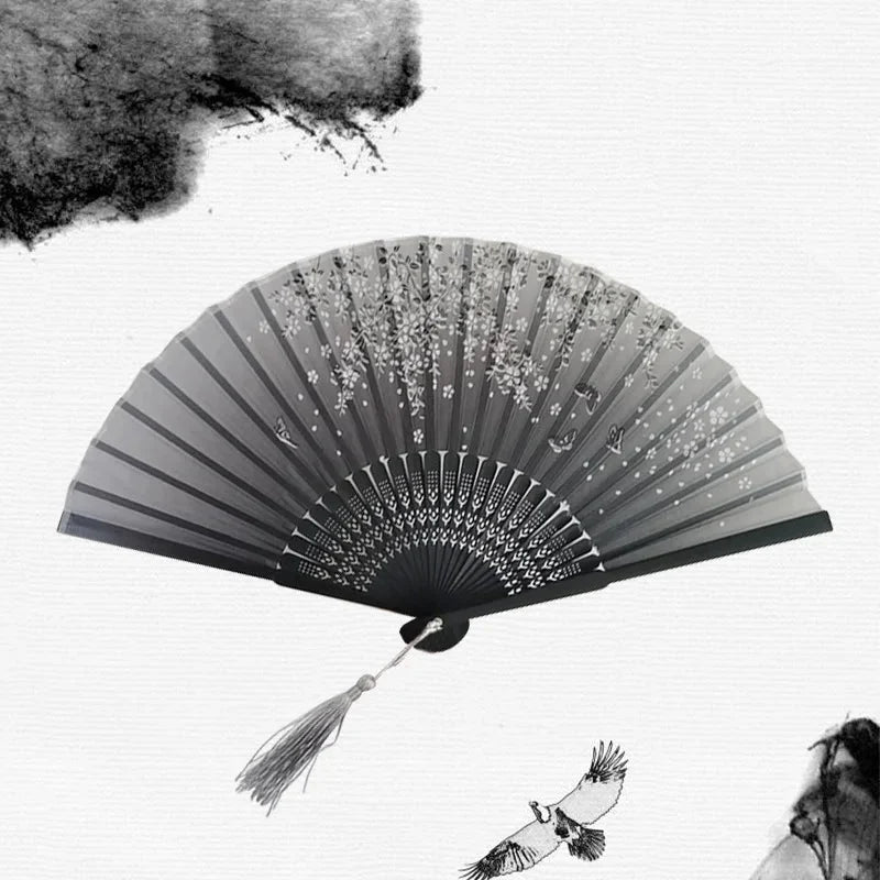 Folding Hand Fan Floral Bamboo Ribs Compact