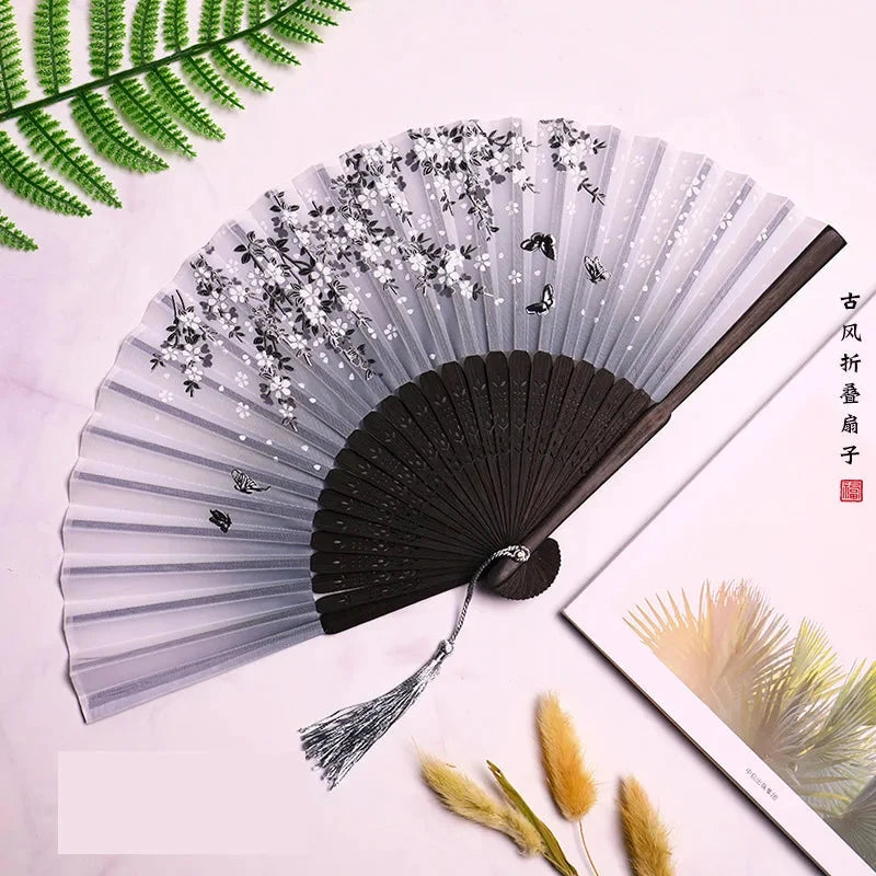 Folding Hand Fan Floral Bamboo Ribs Compact