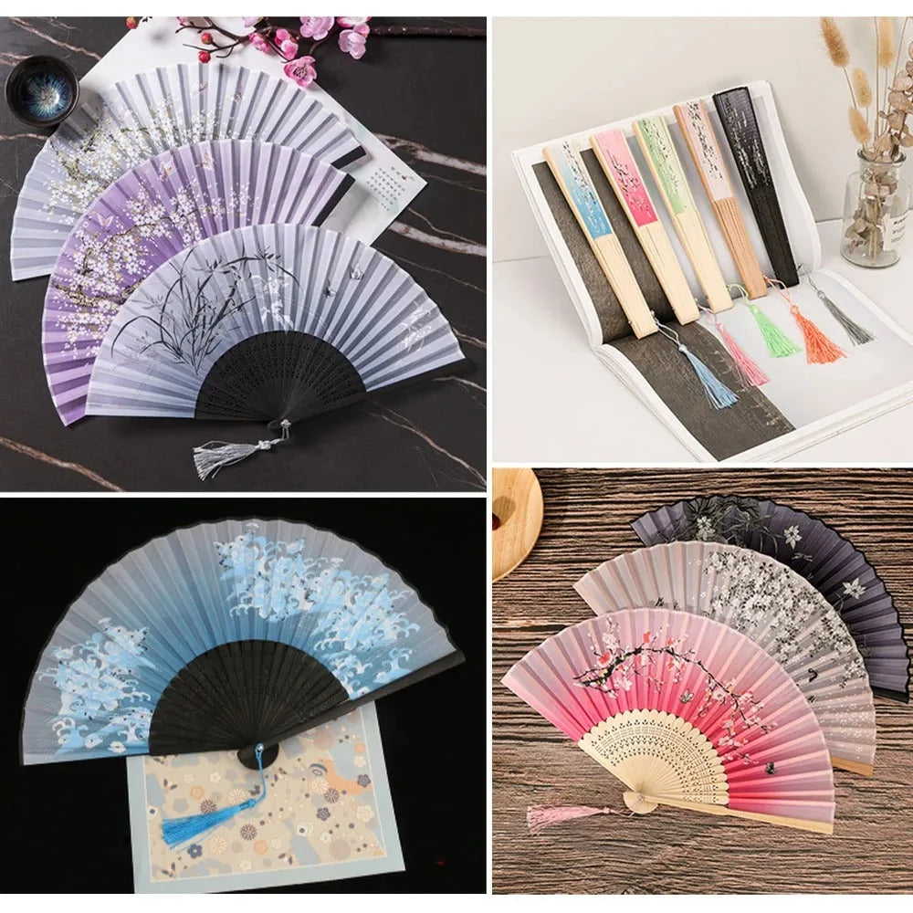 Folding Hand Fan Floral Bamboo Ribs Compact