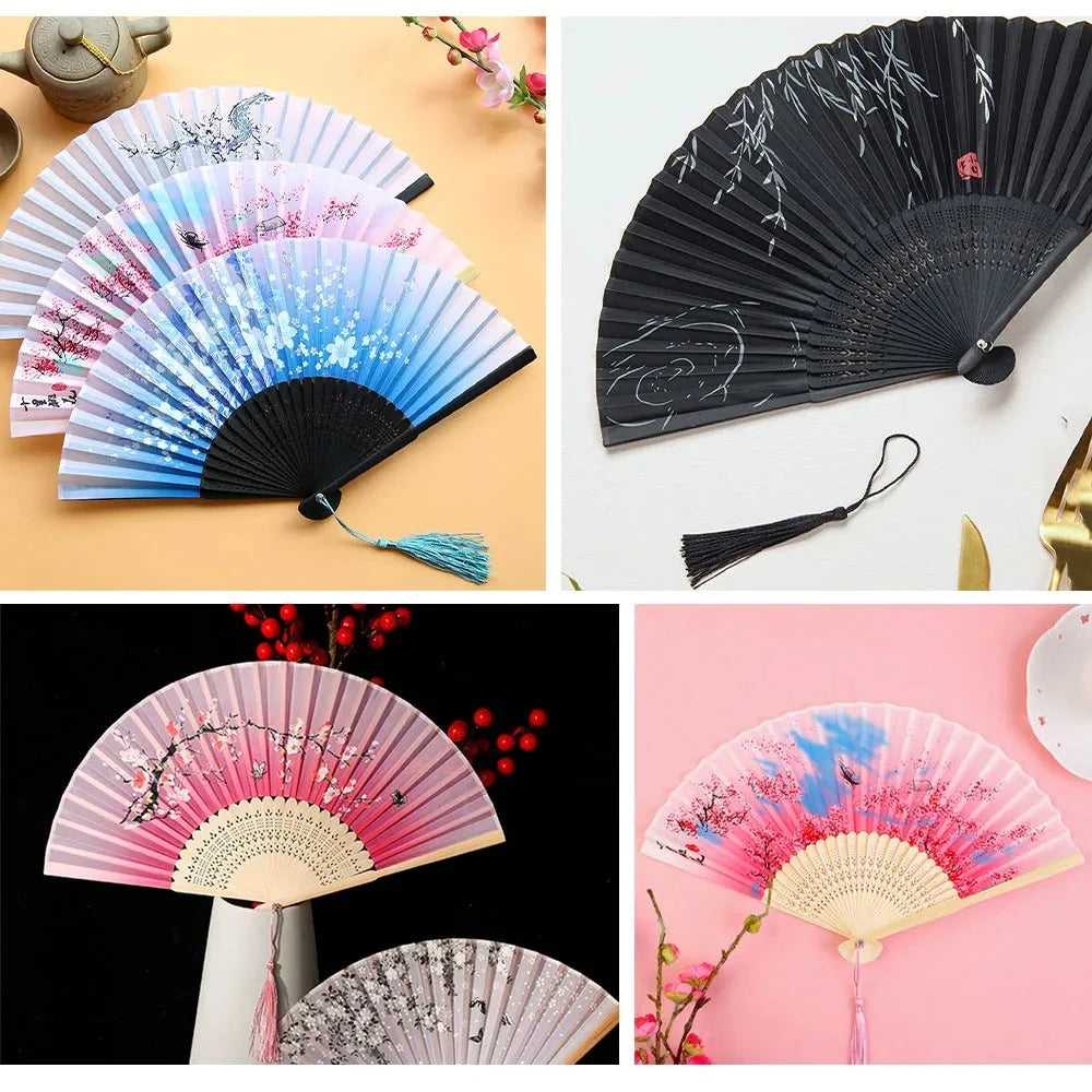 Folding Hand Fan Floral Bamboo Ribs Compact
