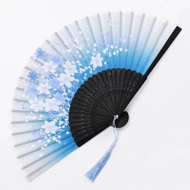 Folding Hand Fan Floral Bamboo Ribs Compact