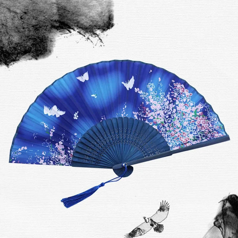 Folding Hand Fan Floral Bamboo Ribs Compact