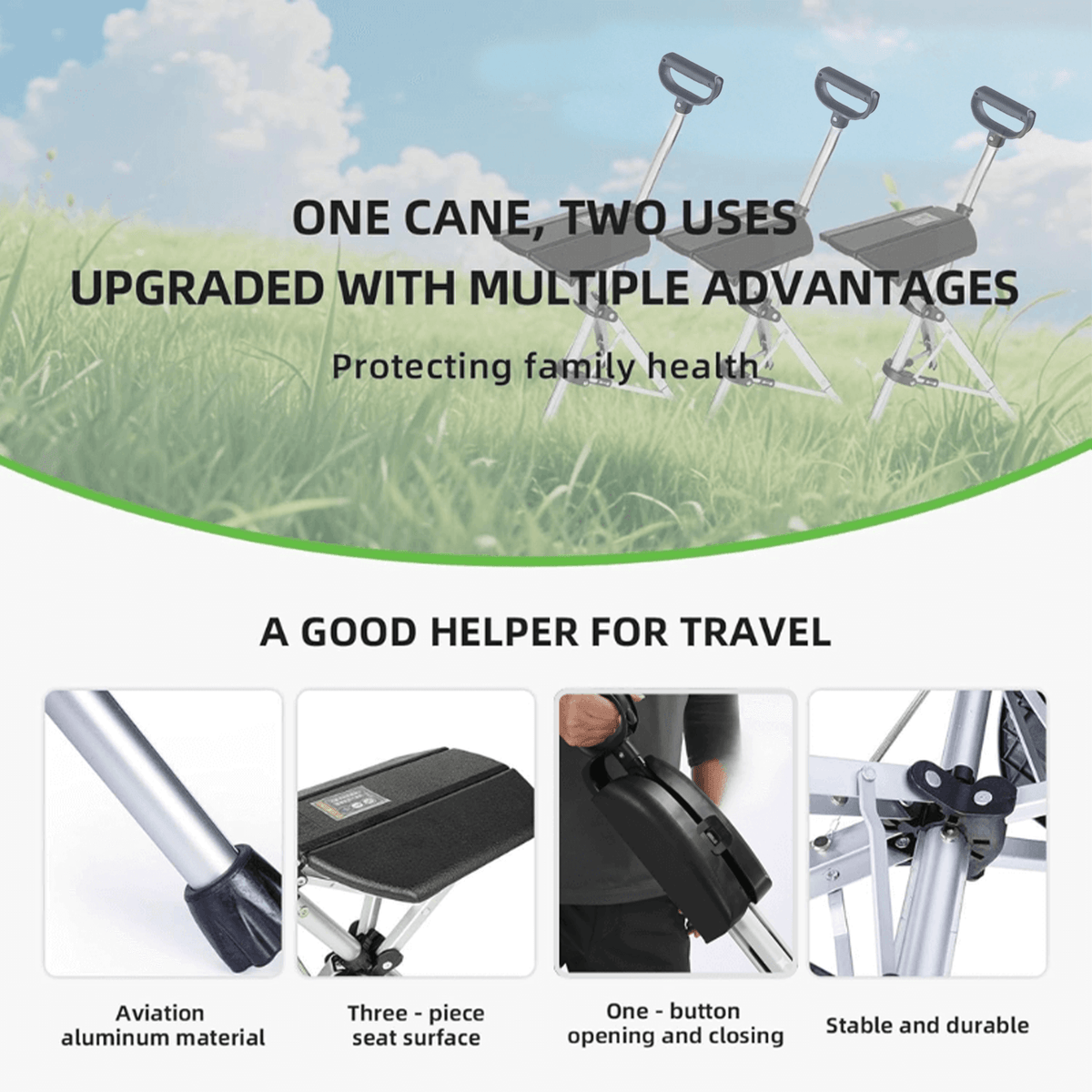 Folding Walking Stick With Seat & Adjustable Height
