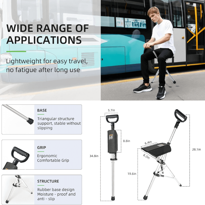 Folding Walking Stick With Seat & Adjustable Height