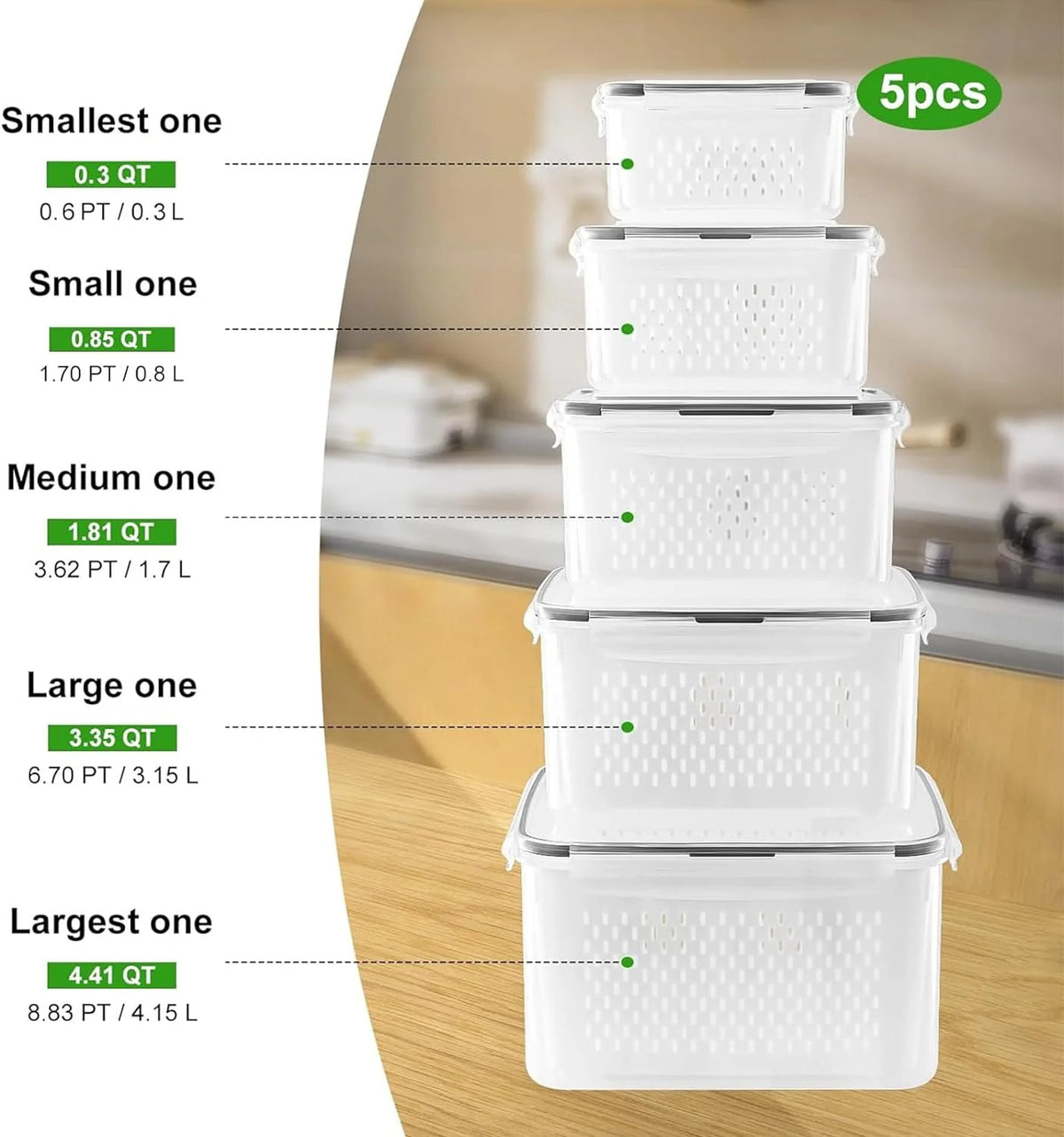 Food Storage Set Removable Colander Leak-Proof Set of 5