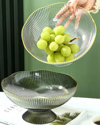 Footed Fruit Bowl Ribbed Ceramic Gold Rim